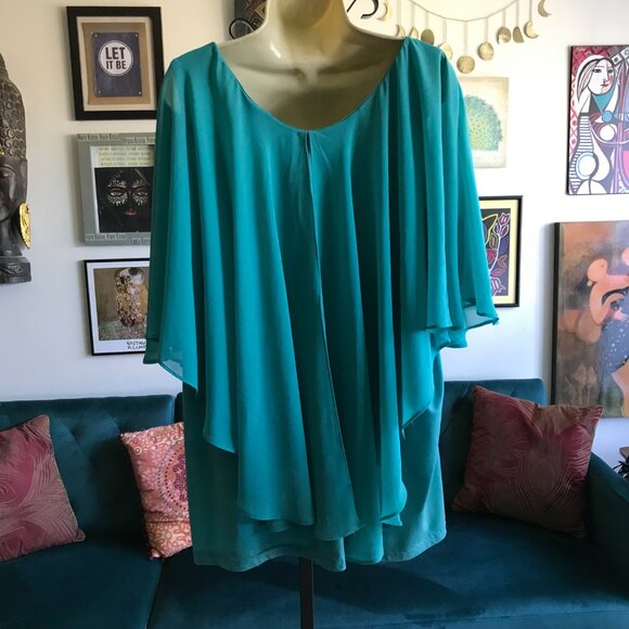 AVENUE size 22 / 24 Turquoise Stretch Jersey Chiffon Overlay Layered Tunic - Picture 6 of 7